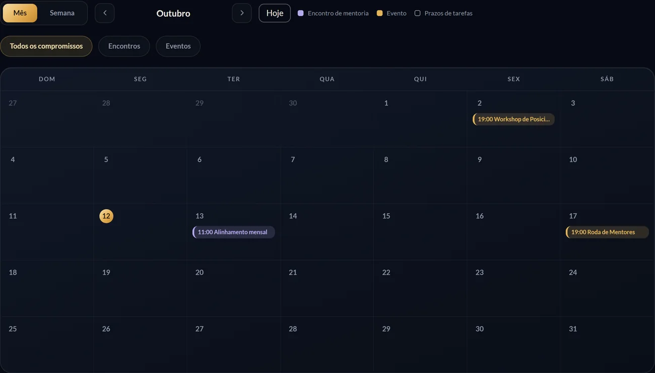 Calendário do mês com encontros e eventos da mentoria