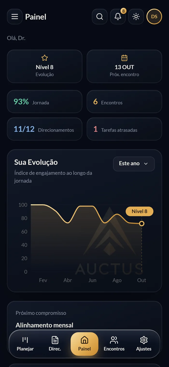 Painel do Auctus Club aberto no celular