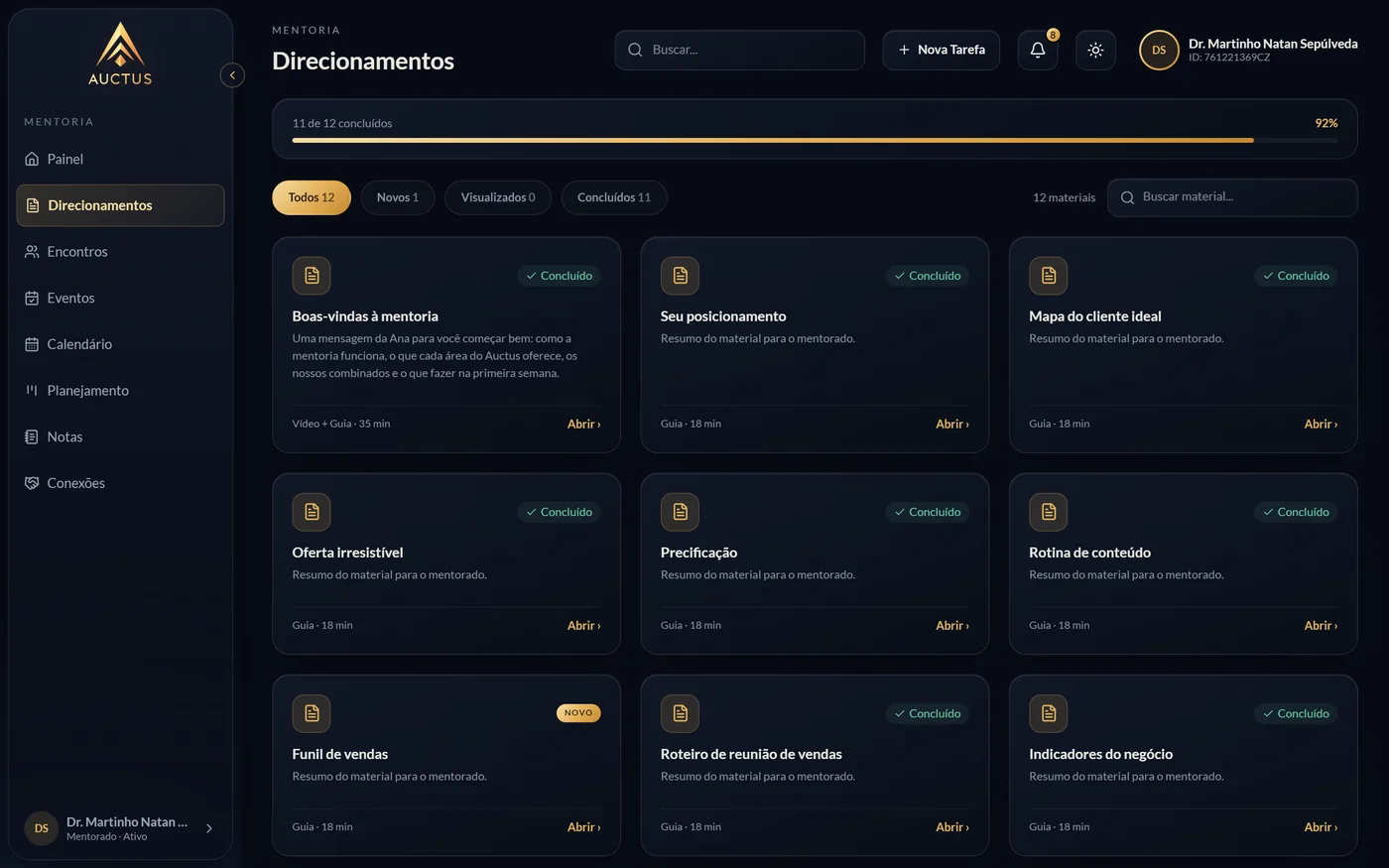 Tela de direcionamentos com os materiais de onboarding da mentoria